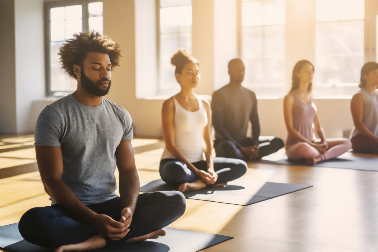 Group meditating on yoga mats