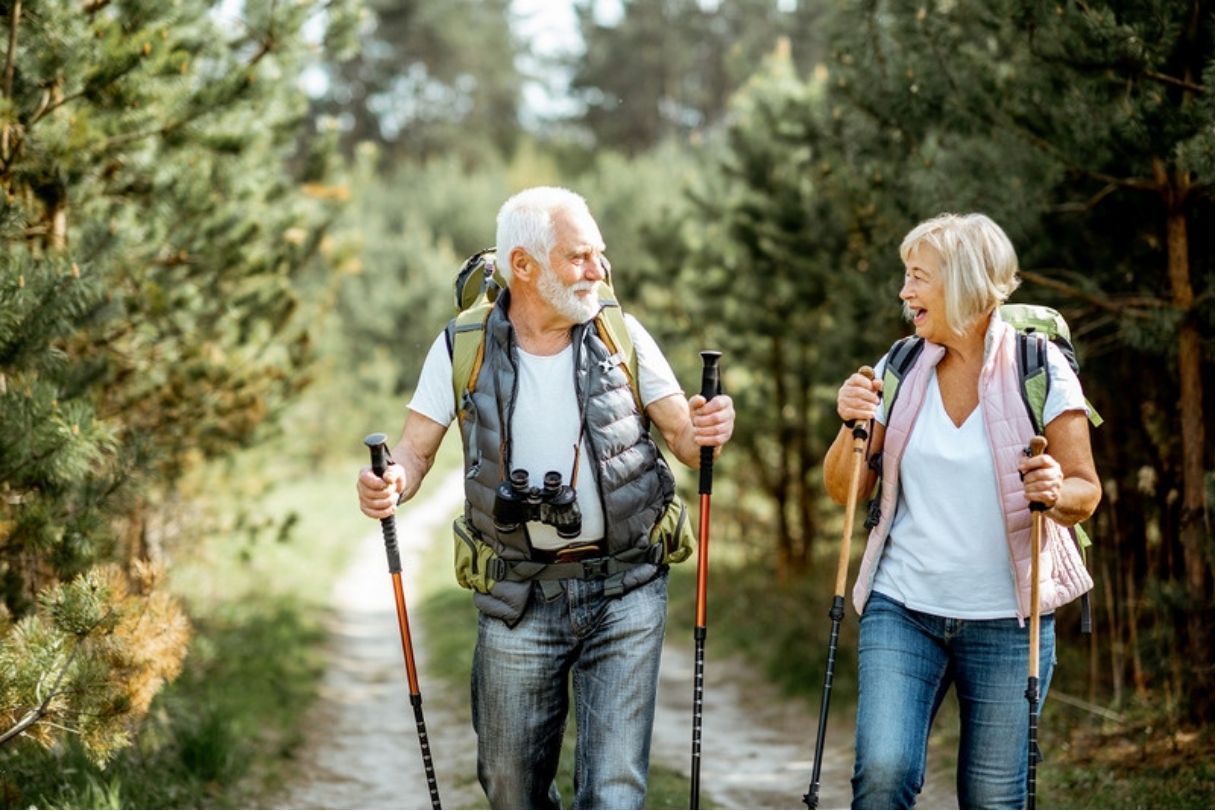 Senior couple hiking together