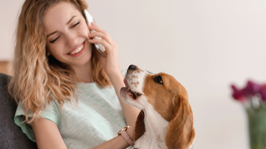 Woman on phone, sitting next to dog